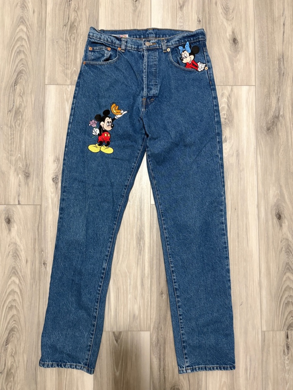 Mickey Mouse and Minnie Mouse Embroidered Blue Denim Jeans - Woman’s